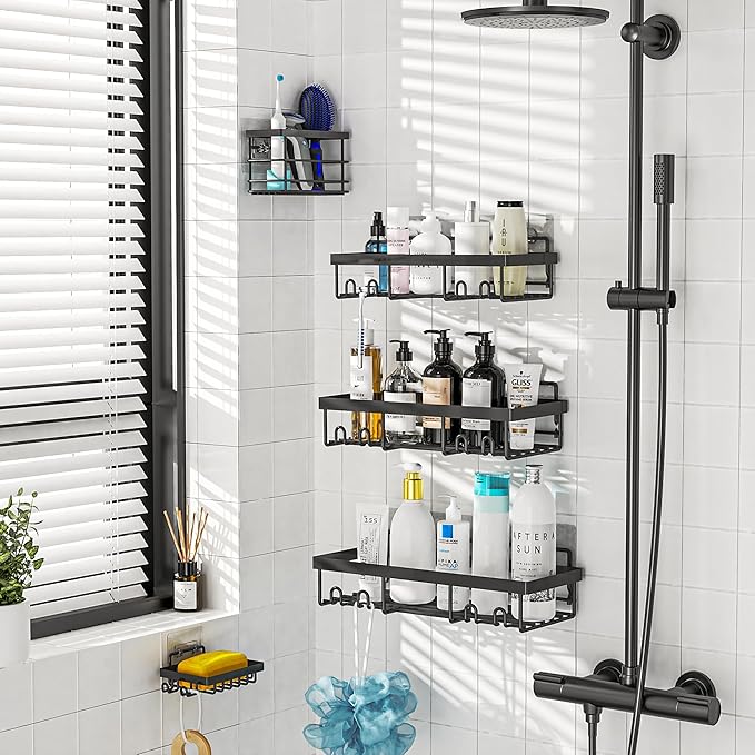 Adhesive Shower Caddy Organizer Shelves Rack - 5 Pack Corner Bathroom Storage Organization, Home & Kitchen Decor Inside RV Accessories, Hanging First Apartment Household Camper Essentials